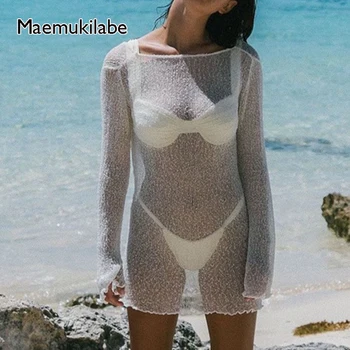 Трикотажное платье Maemukilabe в пляжном стиле с глубоким вырезом и открытой спиной, сексуальное прозрачное женское винтажное мини-платье для клубной вечеринки, Vestidos