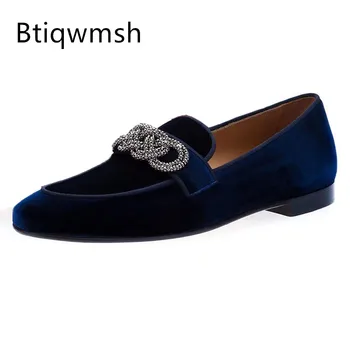 Туфли со стразами в британском стиле, мужские туфли с острым носком, синие роскошные бархатные балетки для мужчин, модные свадебные туфли