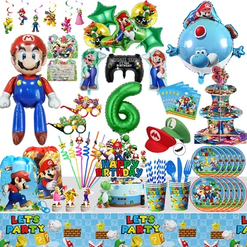 Украшение вечеринки по случаю Дня рождения Super Mario Bros Мультяшная игра Марио Воздушные шары Тарелки Шляпы Super Brother Kids Принадлежности для вечеринки в честь дня рождения