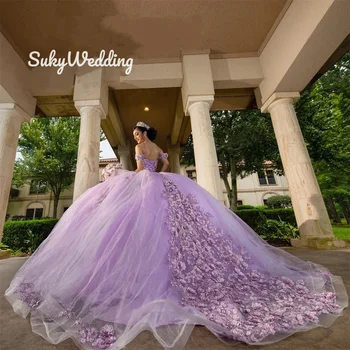 Фиолетовые пышные платья принцессы с 3D цветочными аппликациями, Сиреневые Мексиканские бальные платья, Сладкие 16 кристаллов, платье для выпускного вечера, дня рождения.