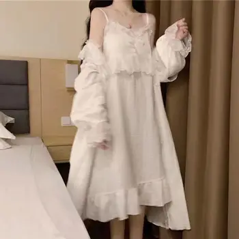 Французская милая винтажная пижама, женская весенне-осенняя ночная рубашка на бретелях, платье феи, элегантные платья на длинных бретелях, домашняя одежда