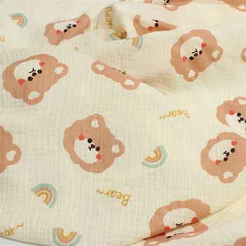 Хлопчатобумажная крепированная ткань 100x135 см, хлопчатобумажная ткань с двойной марлей, для изготовления мягкой детской одежды, простыни для шитья своими руками, медведь