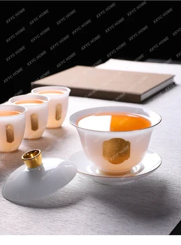 Чайный Сервиз Кунг-Фу из Белого Нефрита, Похожий на Лед, Подходит Для Домашнего офиса Класса Люкс С Белой Фарфоровой крышкой