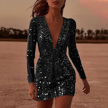 Черное платье с пайетками, женские весенне-осенние сексуальные мини-платья с глубоким V-образным вырезом и длинным рукавом, элегантное вечернее платье-халат для ночного клуба