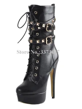 Черные кожаные ботильоны на платформе с заклепками, женские новые короткие ботинки на шнуровке на тонком каблуке с шипованными пряжками, мотоциклетные ботинки большого размера