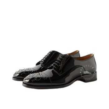 Черные туфли-оксфорды с заклепками из лакированной кожи на шнуровке, Деловая Официальная обувь, Дизайнерская мужская обувь, Свадебные туфли нестандартного цвета