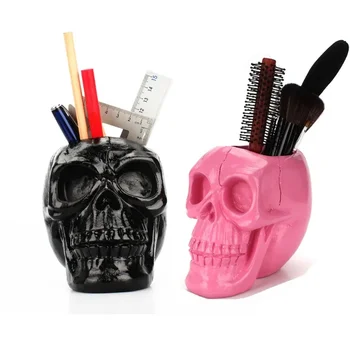 Черный череп, держатель для канцелярских принадлежностей, держатель для ручек, ужасный и забавный человеческий череп, держатель для ручек для макияжа из смолы, подарок на Хэллоуин