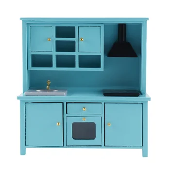 Шкаф для деревянной мебели в масштабе 1/12 с раковиной, духовкой, вытяжкой и индукционной плитой