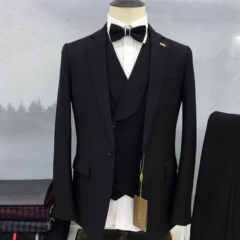 Элегантные роскошные мужские костюмы черного цвета Terno, однобортный, с зубчатым лацканом, приталенный Свадебный деловой пиджак-тройка, Брюки, жилет
