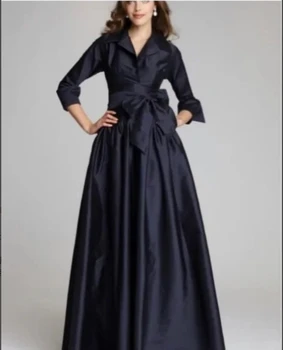 Элегантные черные атласные вечерние платья трапециевидной формы с рукавами 3/4, V-образным вырезом и бантом, из тафты длиной до пола, Элегантные вечерние платья для выпускного вечера для женщин