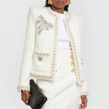 Элегантный Белый женский костюм с юбкой, комплект из твида и кристаллов, Официальная зимняя Офисная женская Деловая рабочая одежда, пальто из 2 предметов + короткое платье для выпускного вечера
