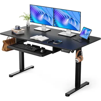 Электрический письменный стол с подставкой для клавиатуры, регулируемая высота 55x28 дюймов, Письменный стол для сидения, рабочее место для домашнего офиса