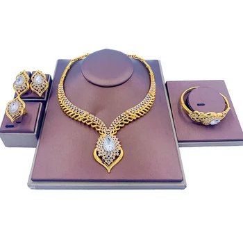 Ювелирные наборы из Дубая, ожерелье с 24-каратным покрытием, кристалл в форме капли воды, браслет, свадебные серьги для женского обручального кольца