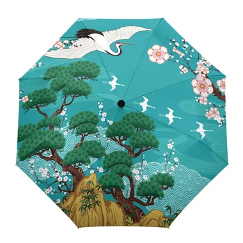 Японский стиль Crane Cherry Blossom, Винтажный Автоматический Зонт, Дорожный Складной Зонт, Переносные Ветрозащитные зонты