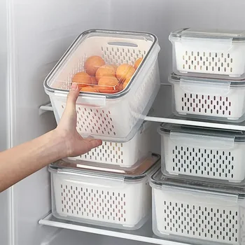 Ящик для хранения холодильника, Органайзер для холодильника, Коробки для свежих овощей, фруктов, Сливная корзина, Контейнеры для хранения, Кладовая, Кухонный Органайзер