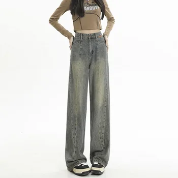 Винтажные женские джинсы Y2K, одежда с высокой талией, Удобные свободные джинсовые брюки с прямыми штанинами, Брюки
